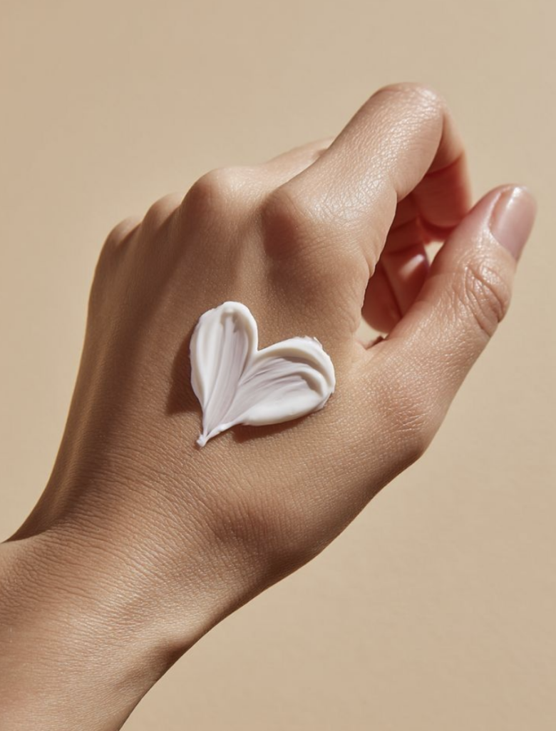 Een hand met een hartje gevormd uit witte huidcrème, passend bij het "dagelijks elegant ritueel".
